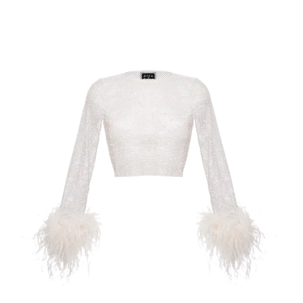 Santa Brands Feathers Crop Top in White Mesh Long Sleeve XS / S